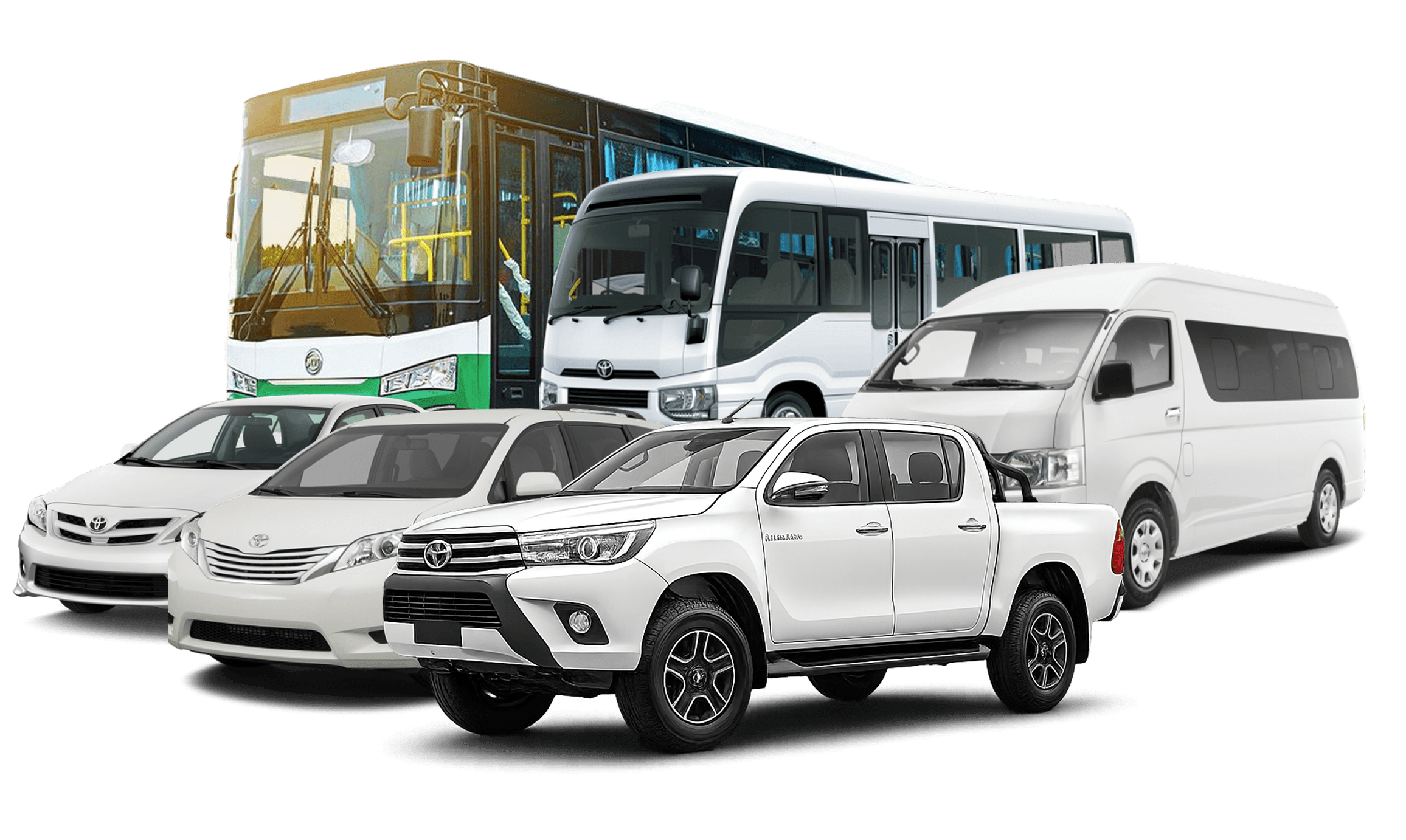 Acelo Logistics fleet — coaster bus, mini bus, sedans, and a Hilux pickup, the vetted vehicles available to rent.